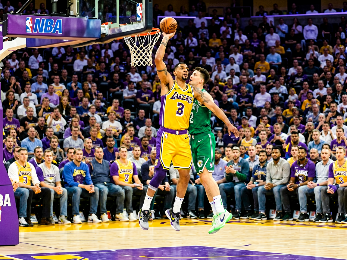 NBA比赛现场 - 湖人队球员突破上篮，观众席气氛热烈